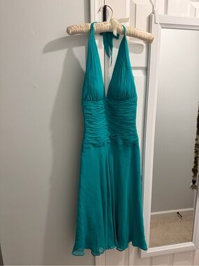 Cache Teal Halter Ruched Midi Dress